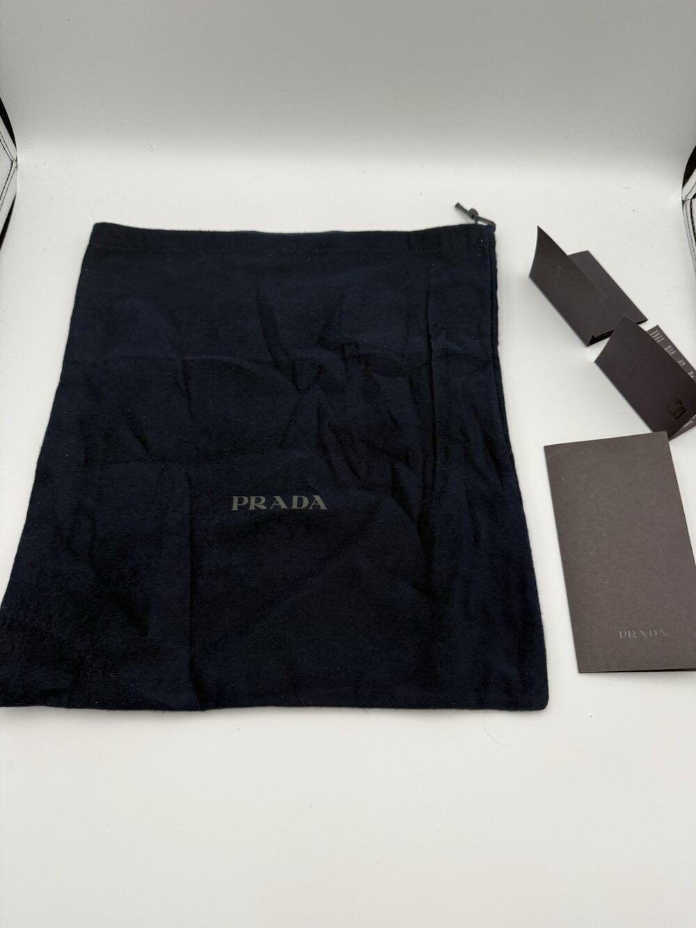 Authentic Prada Dark Navy Flannel Drawstring Dust Bag Cards RFID Set 14.5" x 13"